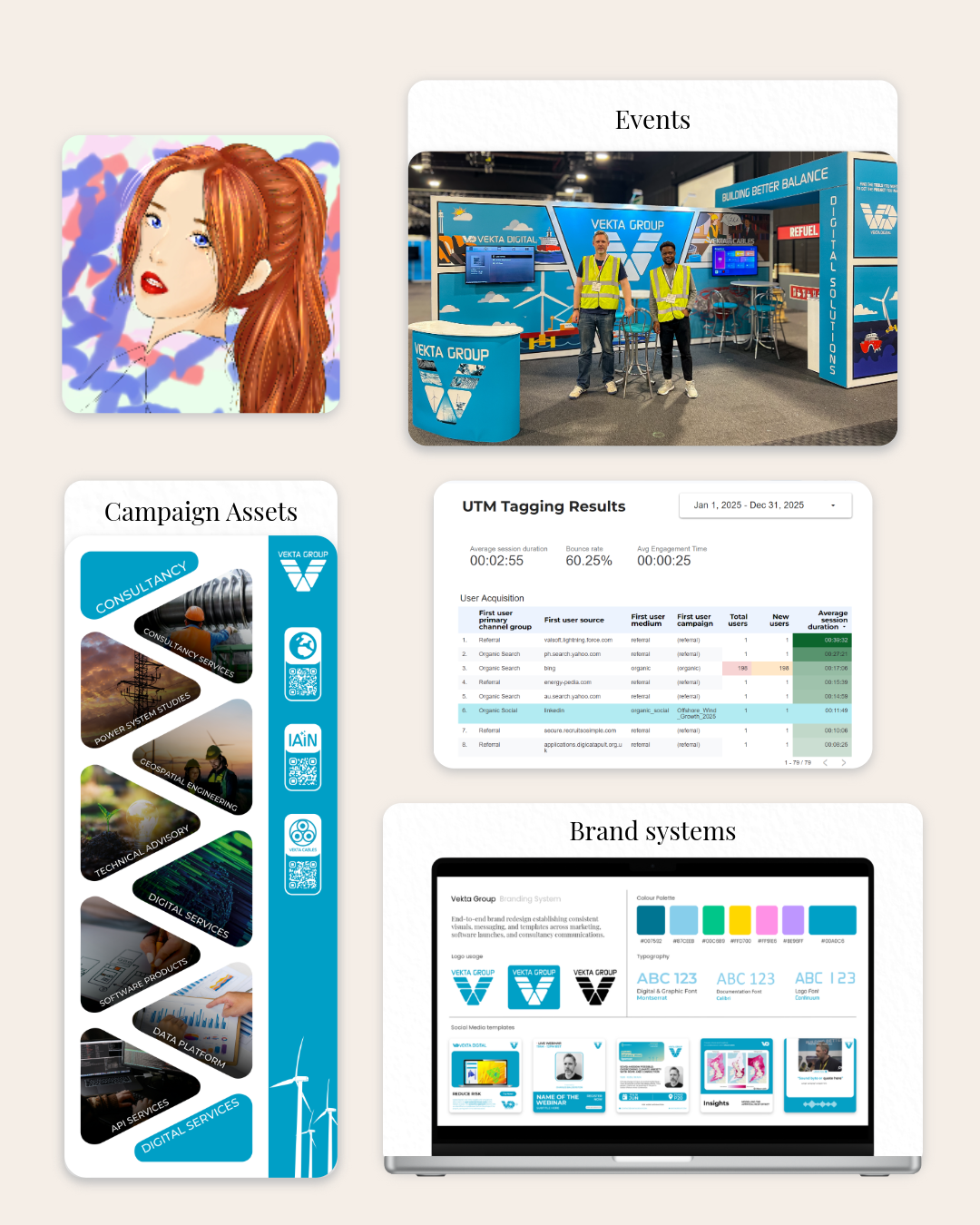 Collage of campaign, marketing, and design work from Crystal Chakrabarti's portfolio.