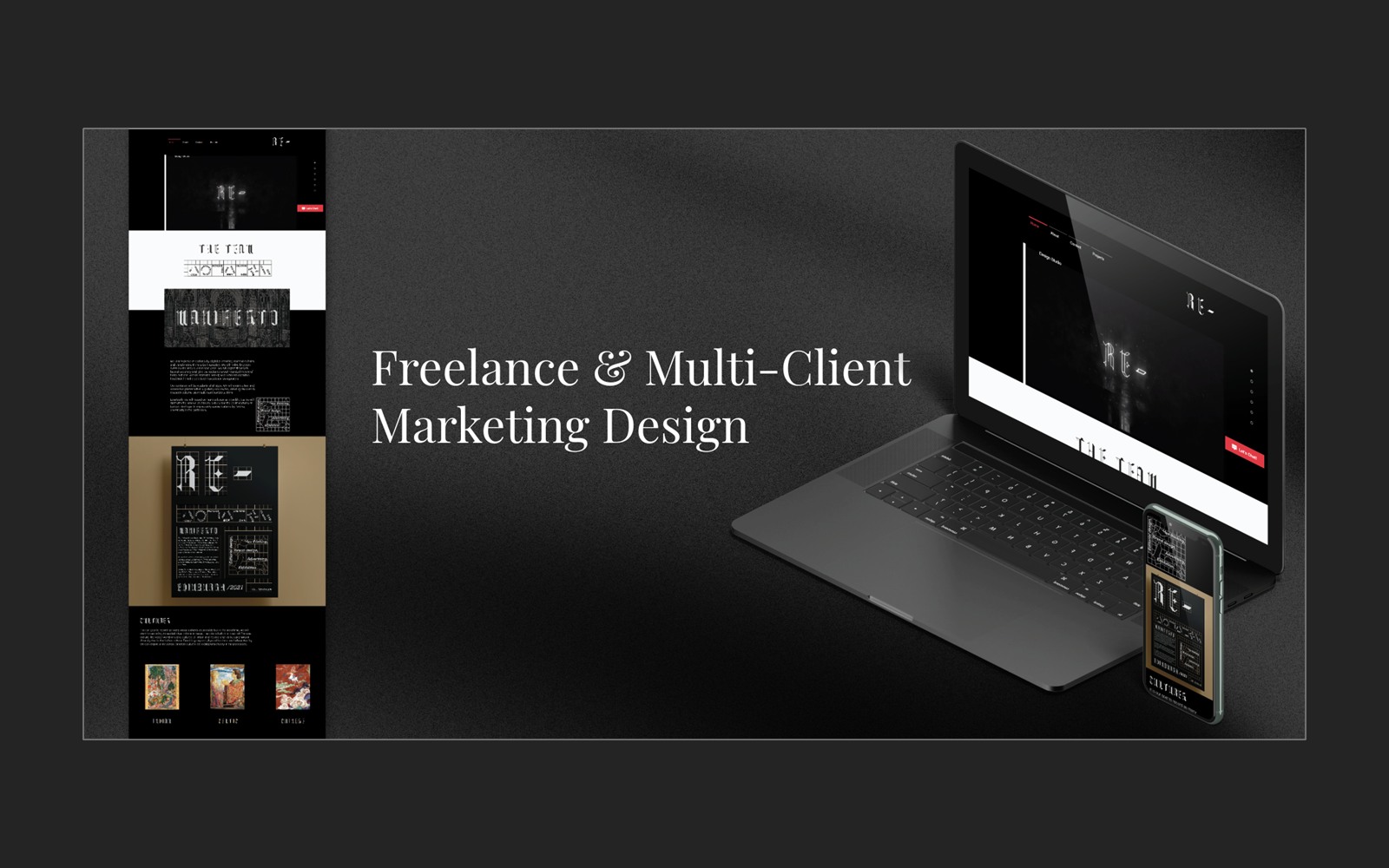Multi-client marketing design thumbnail showing curated print, social, and web visuals across multiple client briefs.
